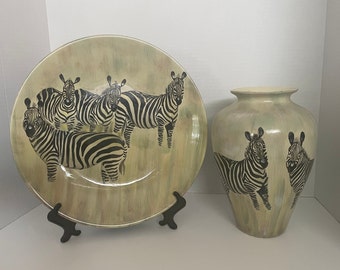 Plato y jarrón decorativos de cerámica vintage con diseño de cebra