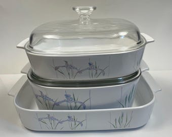Corning Ware Shadow Iris Pattern  Large Square Casseroles Bakeware 2.5L, 5L  and  4.5L Lasagna Dish Pan - Vintage Replacements