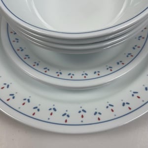 Puede incluir: Una pila de cuencos y platos de cerámica blanca. Los bordes están decorados con una línea azul y un patrón de acentos florales azules y rojos. La vajilla está limpia y parece sin usar.