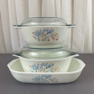 Pyrex Blue Iris Round and Rectangle Casserole Dishes made in England - Vintage Collectible