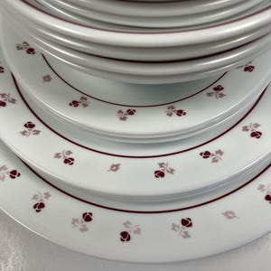 May include: A stack of white dinner plates with a red and pink floral pattern. The plates are stacked in a pyramid shape.