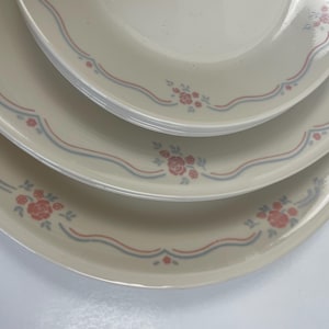 Peut inclure: Trois assiettes plates en céramique blanche avec un motif floral bleu et rouge. Les assiettes sont empilées les unes sur les autres.