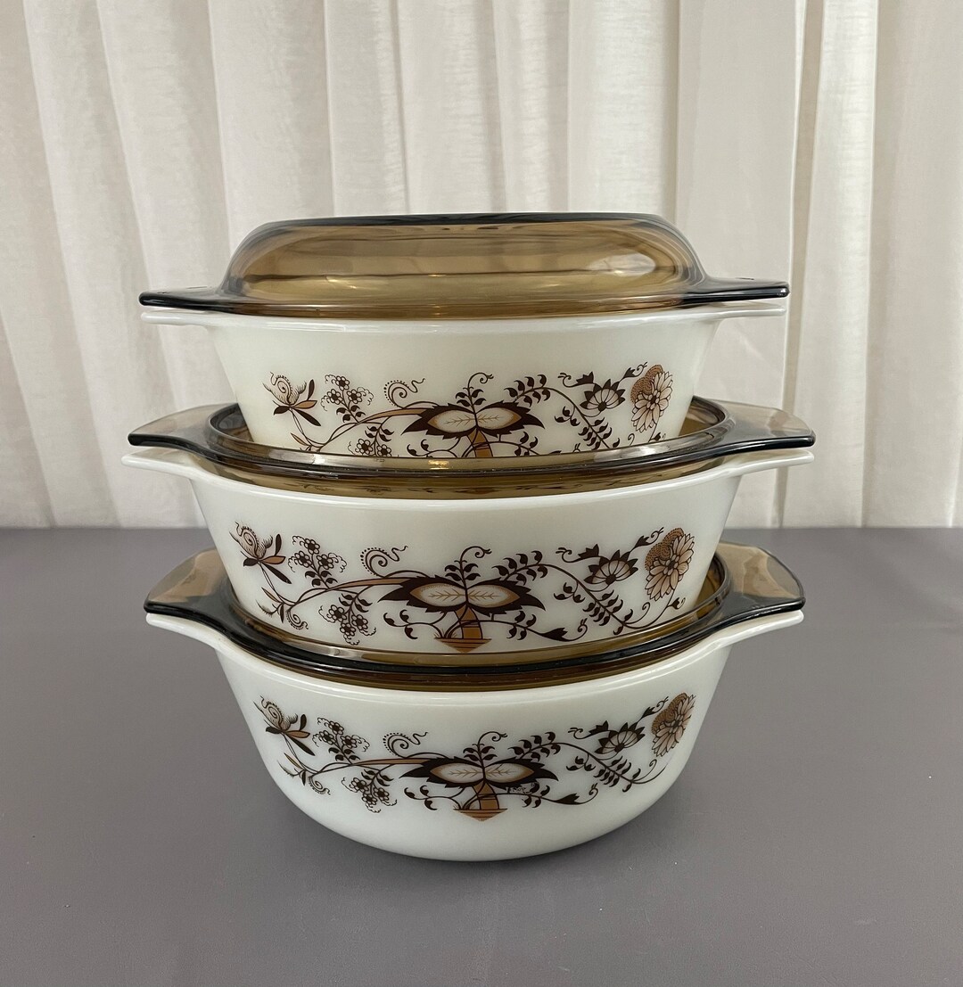 Vintage Jaj Pyrex England Brown Floral Vines Casserole Dishes With Lids ...