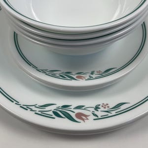 May include: A set of white ceramic dinnerware featuring a green and pink floral design. The plates and bowls have a green rim and a delicate floral pattern with pink tulips and green leaves.