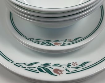 Vintage Corning Corelle Rosemarie – Platters, Dinner, Lunch,  Salad Plates, Cereal Bowls  & Mugs - Rosy Pink Roses  and  Green Leaves Design