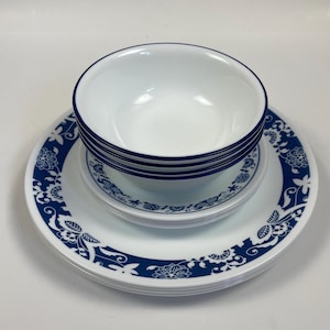 Corelle Corning True Blue Pattern Dinner Plates, Salad Plates  and Cereal Bowls.  - Vintage Retired / Discontinued Pattern