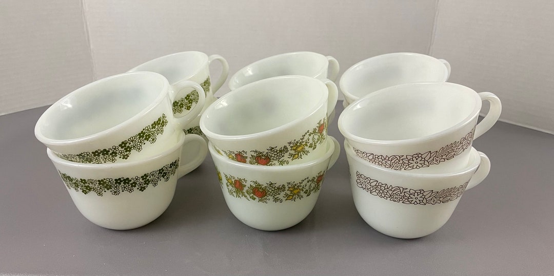 Corning Pyrex Coffee Tea Cups , Patterns Spring Blossom / Crazy Daisy ...