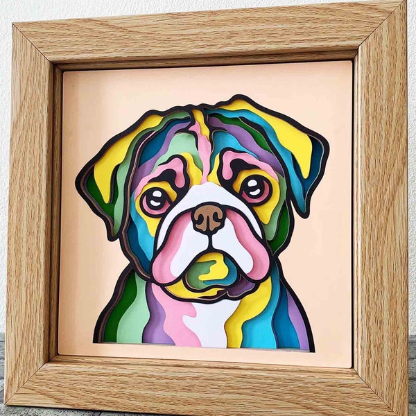 Colorful Pug 3D Layered SVG For Cardstock/ 3D Pug Shadow Box/ Colorful Dog SVG/ Pug Pop Art 3D/ Pet Memorial Box/ For Cricut/ For Silhouette