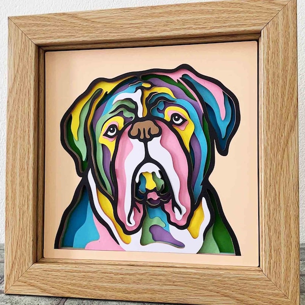 Mastiff français 3D Layered SVG / Dogue de Bordeaux coloré / 3D Dog Shadow Box / Pet Memorial / Pet Layer Cardstock / Pour Cricut / Pour Silhouette