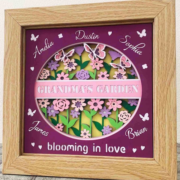 Grandma's Garden 3D Shadow Box SVG/ Gift For Mom 3D SVG/ Mother's Day Cricut Project/ Personalize Grandkids Name/ For Cricut/ For Silhouette