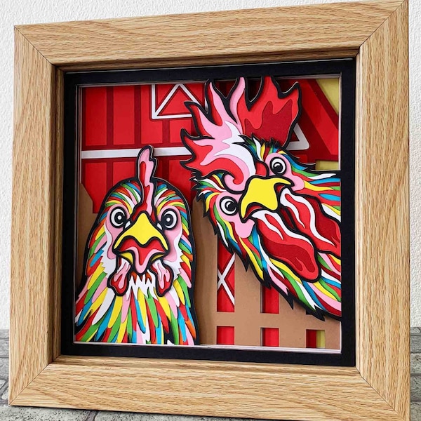 Chickens 3D Layered SVG For Cardstock/ Farmhouse Decoration/ Rooster And Hen Farmyard/ Colorful Chickens Papercraft/ For Cricut/ Silhouette