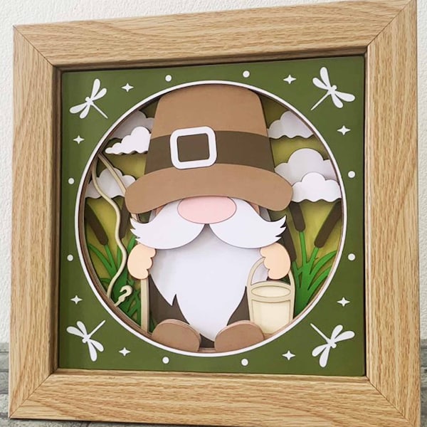 Fishing Gnome 3D Shadow Box/ Summer Gnome 3D Layer SVG/ Shadow Box Gift Fishing/ Gnome Layered Cardstock/ For Cricut/ For Silhouette