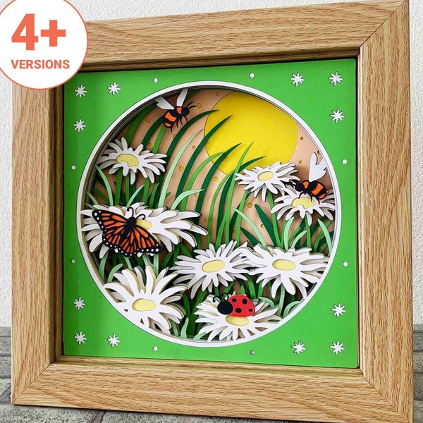 Daisy And Insects 3D Shadow Box SVG/ Daisy Layered Cardstock/ Summer Shadow Box/ Ladybug, Butterfly, Bee 3D SVG/ For Cricut/ For Silhouette