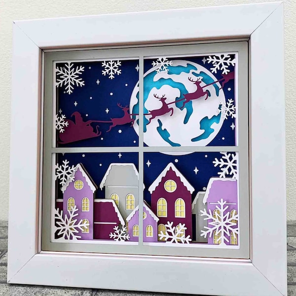 Christmas Night Window View Shadow Box SVG/ Santa Fly Over The Moon 3D Layered SVG/ Christmas Up On The Roof Top/ For Cricut/ For Silhouette