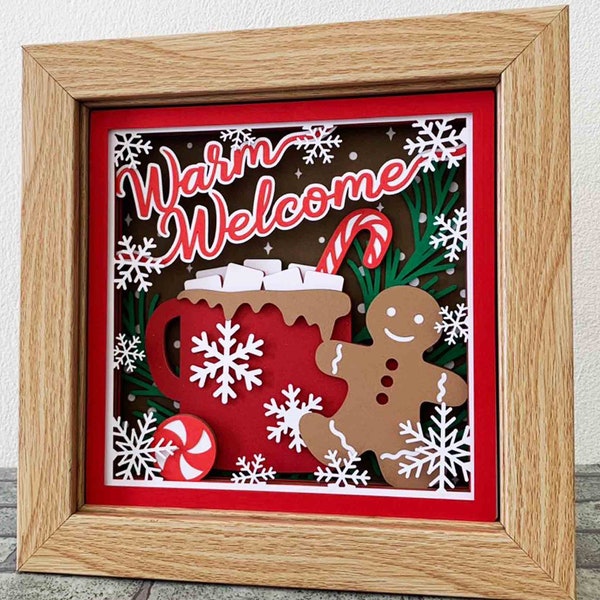 Warm Welcome 3D Shadow Box/ Gingerbread And Hot Cocoa Layered SVG/ Christmas Gift Box/ 3D Christmas Cardstock/ For Cricut/ For Silhouette
