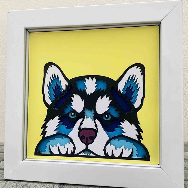 Spähen Husky Welpe 3D SVG / Siberian Husky Hund 3D Mandala / 3D Shadow Box / SVG-Datei für Cricut / Multilayer für Laser / Laser Wood Pet