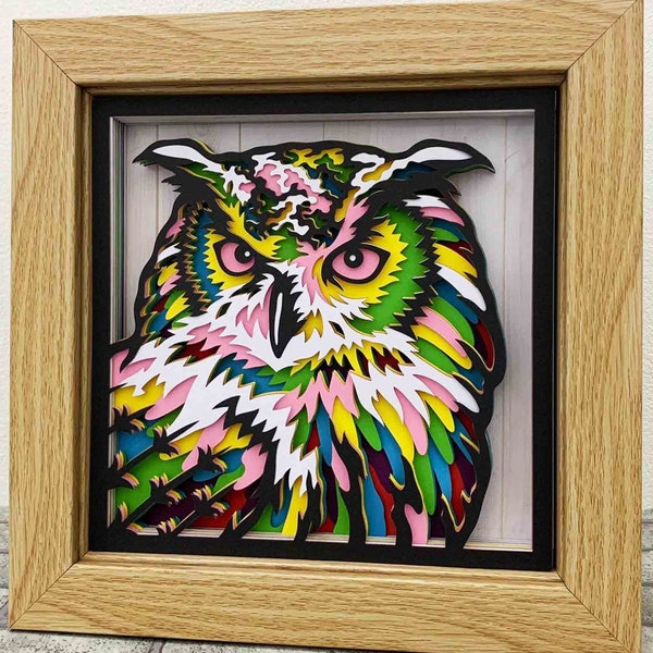 Hibou 3D Layered SVG For Cardstock / Hibou coloré Multicouche / Bird Mandala Pop Art / Wild Animal 3D Papercraft SVG / Pour Cricut / Pour Silhouette