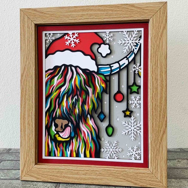 Christmas Highland Cow 3D SVG/ Highland Cow Shadow Box/ Highland Cow Colorful Christmas Card/ Layered Cardstock/ For Cricut/ For Silhouette