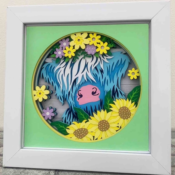 Highland Cow 3D Shadow Box SVG/ Sunflower Cow 3D Layer Cardstock/ Floral Cow SVG/ 3D Paper Cut Project/ SVG File For Cricut/ For Silhouette