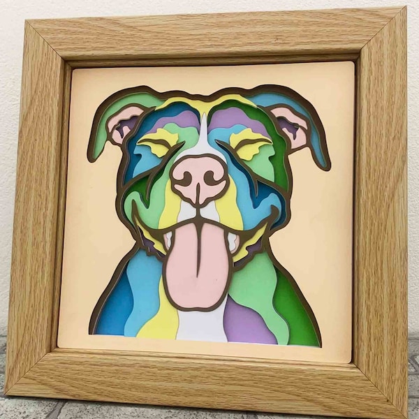 Cheerful Pitbull 3D Layer SVG/ American Pitbull 3D Mandala/ 3D Dog Shadow Box/ Colorful Smiling Pittie/ Pet Layer Cardstock/ Cricut Project