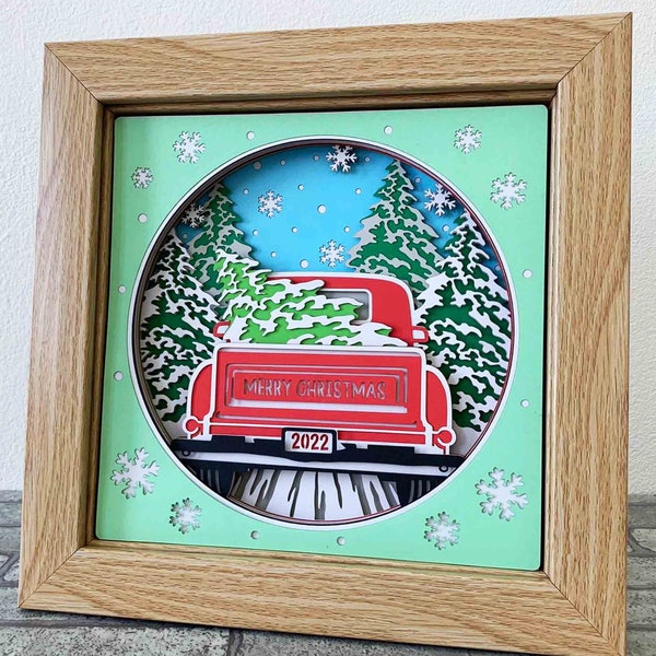 3D Christmas Truck Shadow Box SVG/ Merry Christmas 2022/ Red Christmas Truck Layer Cardstock/ Farm Christmas Tree/ Winter SVG Cricut Project