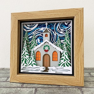 Église d'hiver 3D Shadow Box SVG / projet Cricut de Noël de l'église / art religieux / Église dans la neige couche papier cartonné / pour Cricut / pour Silhouette