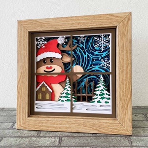 3D-rendiervenster schaduwdoos SVG/Winterscène/Kerststerrennacht/venster sneeuw dag laag karton/voor Cricut/Voor silhouet