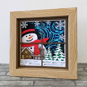 Bonhomme de neige 3D fenêtre ombre boîte SVG / scène de fenêtre d'hiver / Noël nuit étoilée / fenêtre neige jour couche papier cartonné / pour Cricut / pour Silhouette
