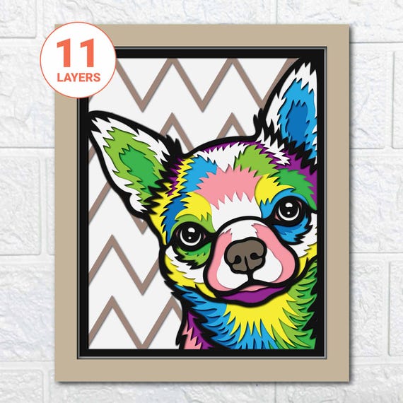 チワワの3DシャドウボックスSVG、カラフルな犬の切り絵アート