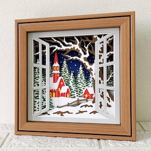 Winter Church Window View Shadow Box SVG / Church In Snow Christmas Decoration/ 3D Layer Winter Day Window/ Cricut Project/ For Silhouette