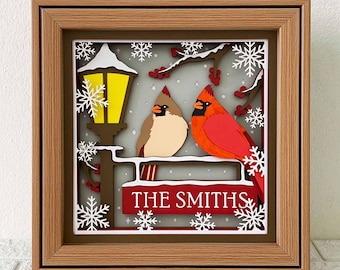Cardenales en farola, caja de sombras 3D SVG, proyecto navideño conmemorativo para Cricut (archivo digital)