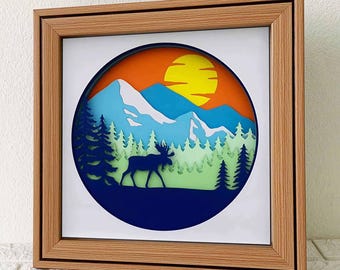 3D Mountain SVG/ Mountain And Moose Shadow Box SVG/ Nature Wall Art/ Papercut Project/ 3D Moose SVG/ For Laser/ For Cricut/ For Silhouette