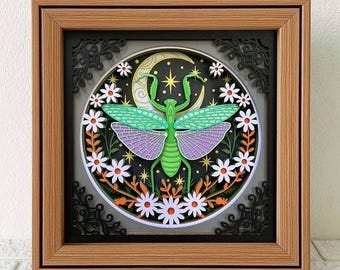 Celestial Praying Mantis Shadow Box SVG, Insect Papercut Art, File For Cricut (Digital Download)