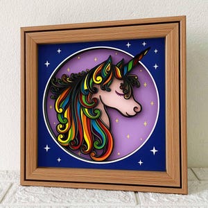 Licorne arc-en-ciel 3D Shadow Box SVG / licorne d'art papercut / papier cartonné couche licorne / cadeau d'anniversaire Cricut pour fille / pour Cricut / pour Silhouette