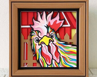 Kleurrijke haan 3D Shadow Box SVG, boerderij papercut kunst (digitale download)