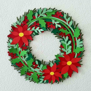 Couronne de poinsettia et de houx en couches 3D / SVG de couronne de Noël / Artisanat de papier cartonné de Noël / décoration de Noël / pour Cricut / pour la Silhouette