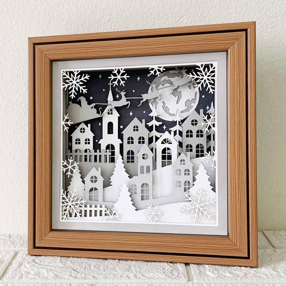 3D Christmas Village Shadow Box SVG/ Santa Fly Over The Moon 3D Layered SVG/ Rustic Christmas Night/ SVG File For Cricut/ For Silhouette