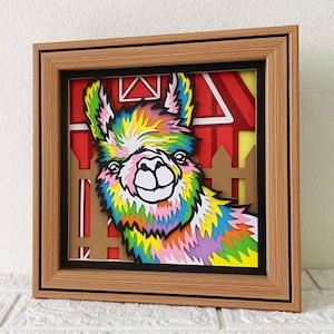 Lama 3D Shadow Box SVG/alpaga coloré 3D art découpé sur papier/animaux de la ferme couche 3D papier cartonné/art mural ferme SVG/pour Cricut/pour Silhouette