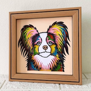 Chien Papillon 3D Shadow Box SVG/ Art coloré de découpe de papier chien/chien papier cartonné couche 3D/ cadeau commémoratif pour animaux de compagnie Cricut/ pour Cricut/ pour Silhouette
