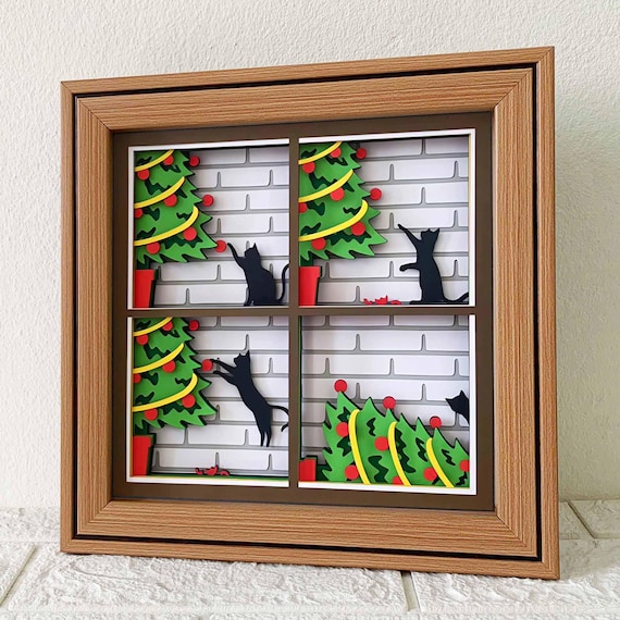 Cat Knock Over Christmas Tree Shadow Box SVG/ Funny Cat Christmas Gift/ Christmas Cricut Project/ 3D Layer SVG/ For Cricut/ For Silhouette