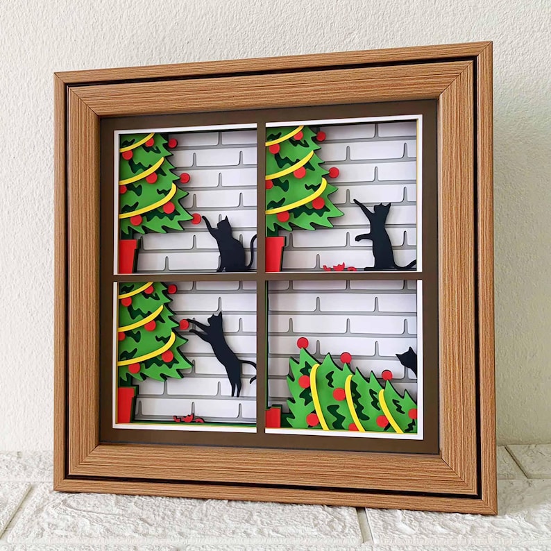 Katt som välter julgransskugglåda SVG/ Rolig kattjulklapp/ Jul Cricut-projekt/ 3D-lager SVG/ För Cricut/ För silhuett bild 1