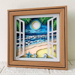 Scena plażowa z okna 3D Shadow Box SVG/ 3D Beach Layered SVG/ Summer Beach Shadow Box/ Beach And Sunshine/ SVG dla Cricut/ For Silhouette