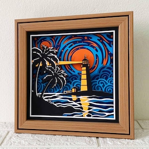 Farol à noite 3D em camadas SVG/ Farol 3D multicamadas SVG/ Caixa de sombra estrelada à noite do farol/ SVG para Cricut/ Para Silhouette