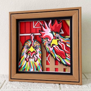 Kippen 3D Shadow Box SVG/ Boerderij wanddecoratie/ Haan en kip Papercut/ Kleurrijke kippen laag karton/ Voor Cricut/ Silhouet