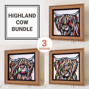 Pacchetto SVG di mucca delle Highland a strati 3D/Arte murale di mucca colorata/Mandala 3D di mucca multicolore/SVG di mucca delle Highland/Per Cricut/Per Silhouette