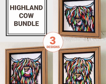 May include: A set of three framed paper cutouts of Highland cows. Each cutout features a colorful, multi-colored design with a white background. The frames are made of wood with a natural finish. The text "HIGHLAND COW BUNDLE" and "3 DESIGNS" is visible in the image.