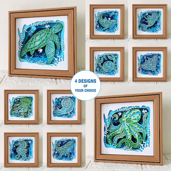 Sea Creatures 3D Shadow Box SVG - 4 Designs: Papercut Art Sea Animals (Digital Download)