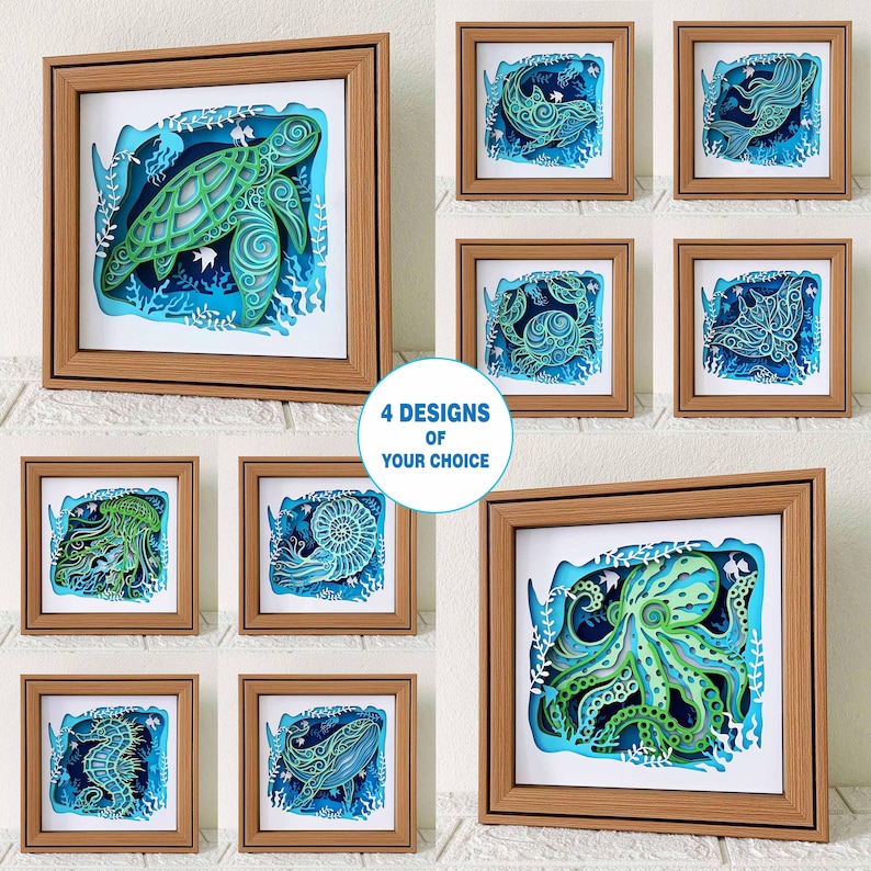 May include: Eight framed paper cut art pieces featuring various sea creatures, including a turtle, jellyfish, octopus, whale, and more. The frames are made of wood and have a light brown finish. The text "4 DESIGNS OF YOUR CHOICE" is printed on a white circle in the center of the image.