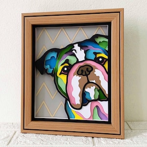 Peeking Bulldogge 3D Shadow Box SVG / Bunte Bulldogge 3D Papierschnitt / Peeking Dog Layered Cardstock / Haustier-Denkmal SVG / Für Cricut / Für Silhouette