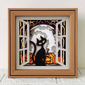 Black Cat At Window Shadow Box/ Halloween Black Cat Layer SVG/ Halloween Cat 3D Cardstock/ 3D Cricut Project/ For Cricut/ For Silhouette